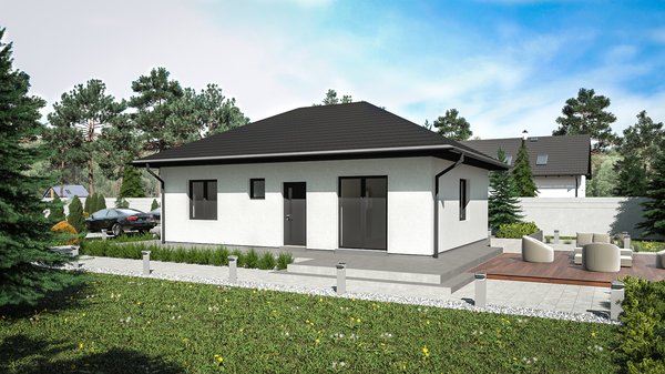Přízemní dům obdélníkového tvaru s dispozicí 3 + kk a podlahovou plochou 65,77 m².
