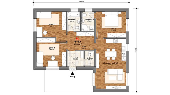 Přízemní dům s půdorysem ve tvaru písmene L, dispozicí 4 + kk a podlahovou plochou 95,48 m².