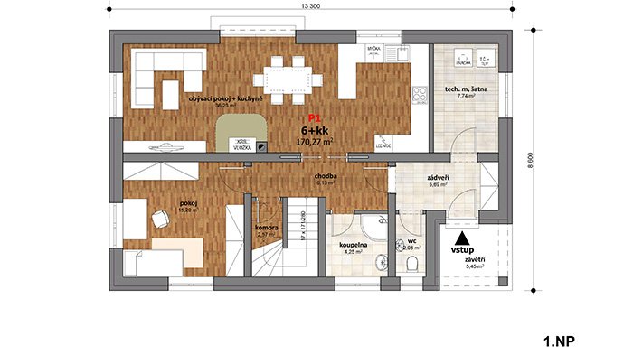 Podkrovní dvoupodlažní dům obdélníkového tvaru s dispozicí 6 + kk a podlahovou plochou 170,27 m².