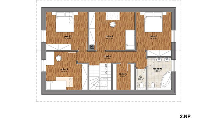 Podkrovní dvoupodlažní dům obdélníkového tvaru s dispozicí 6 + kk a podlahovou plochou 170,27 m².
