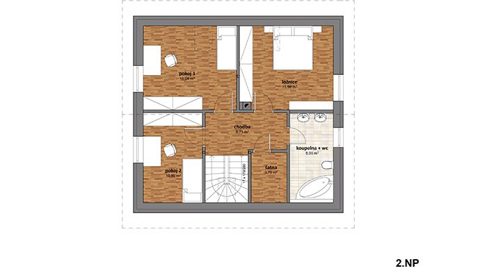 Podkrovní dvoupodlažní dům obdélníkového tvaru s dispozicí 4 + 1 a podlahovou plochou 123,13 m².